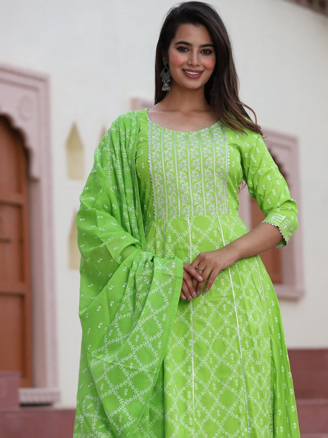 Ethnic Motifs Printed Gotta Patti Flared Kurta With Palazzos & Dupatta