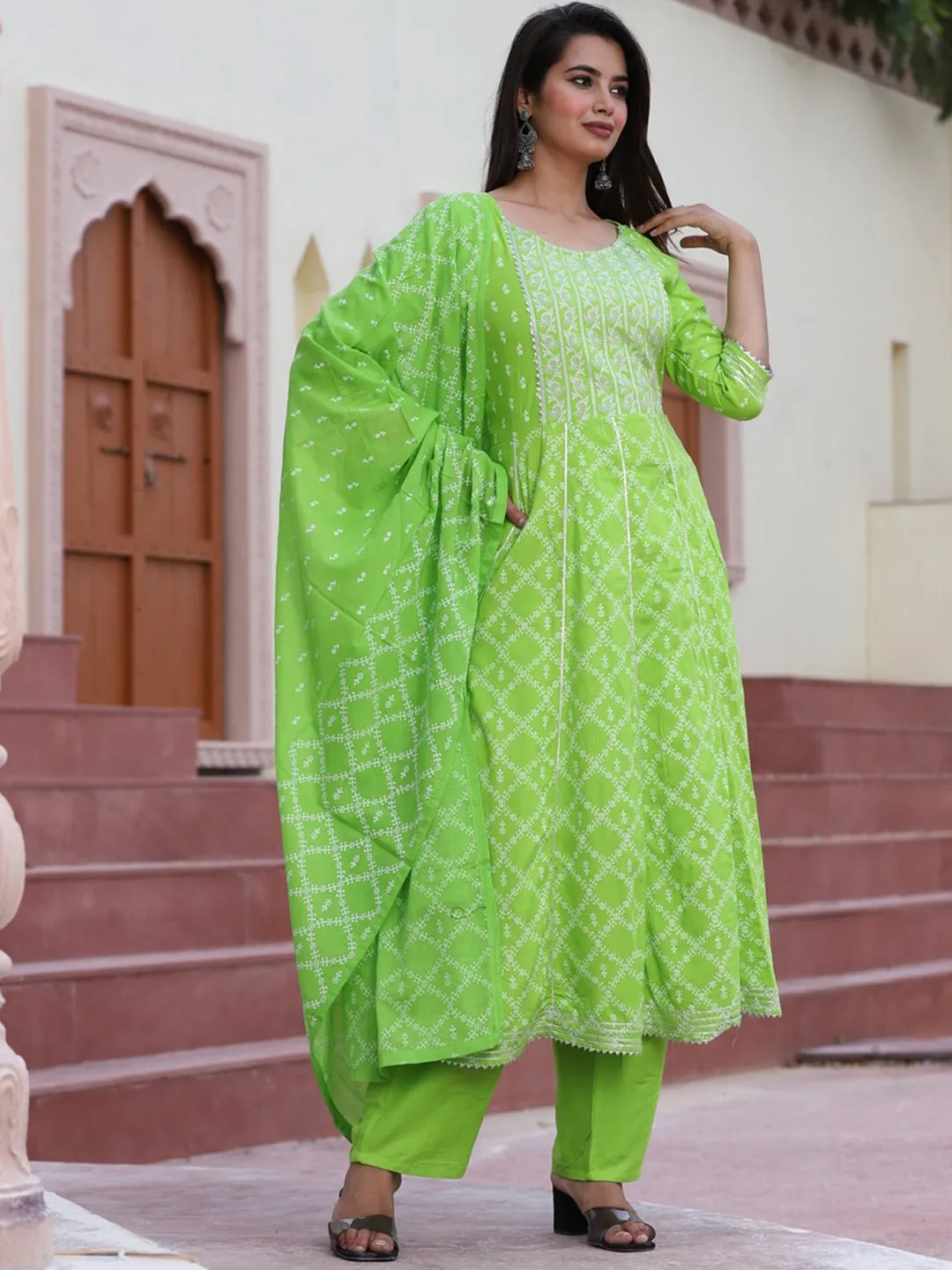 Ethnic Motifs Printed Gotta Patti Flared Kurta With Palazzos & Dupatta