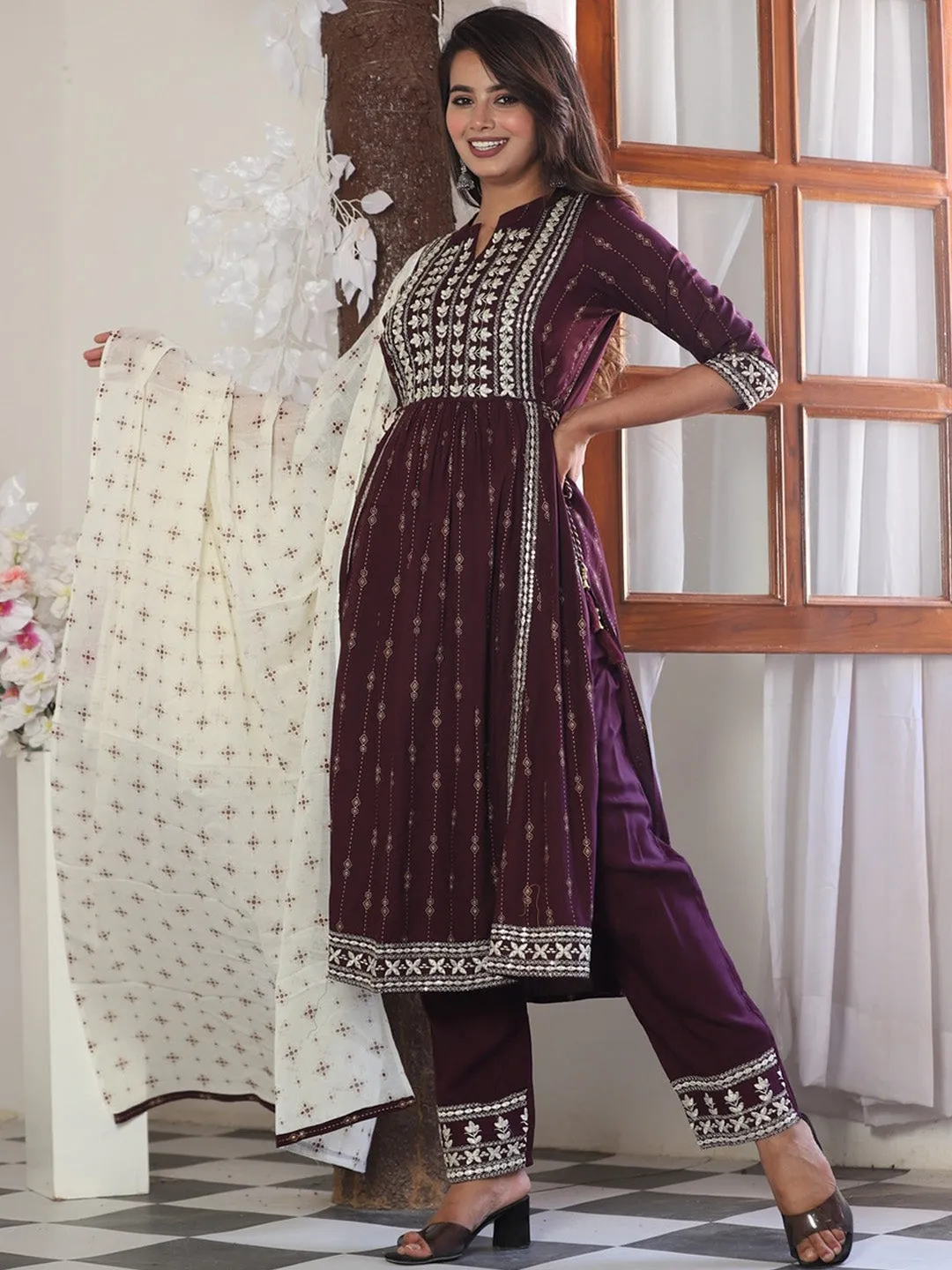 Ethnic Motifs Printed Kurta With Palazzos & Dupatta