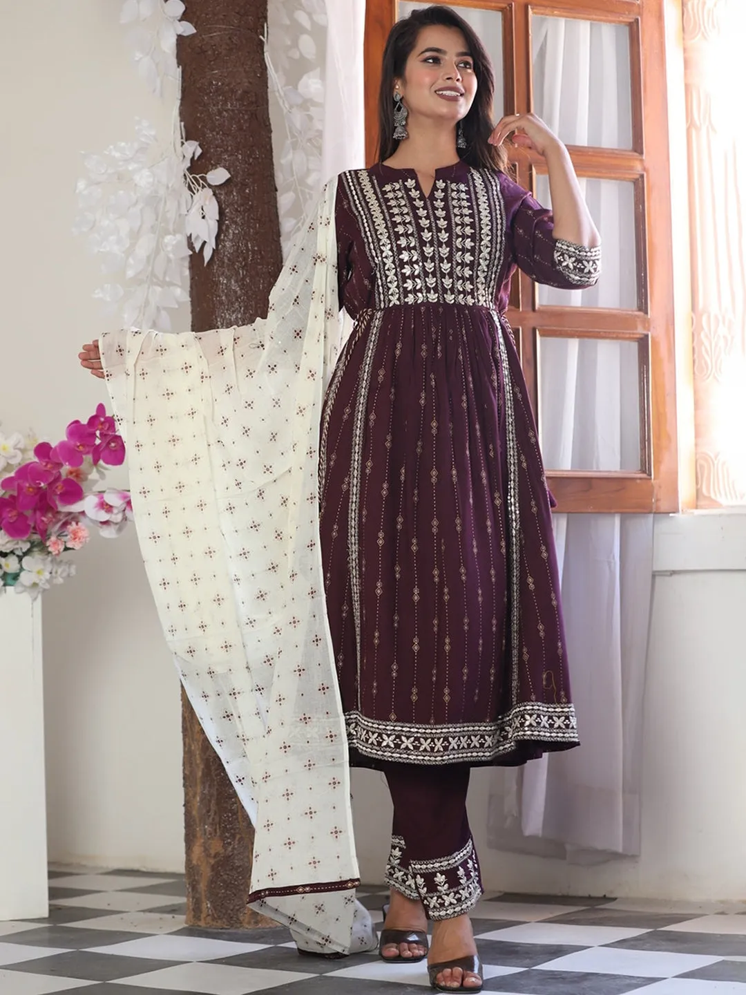 Ethnic Motifs Printed Kurta With Palazzos & Dupatta