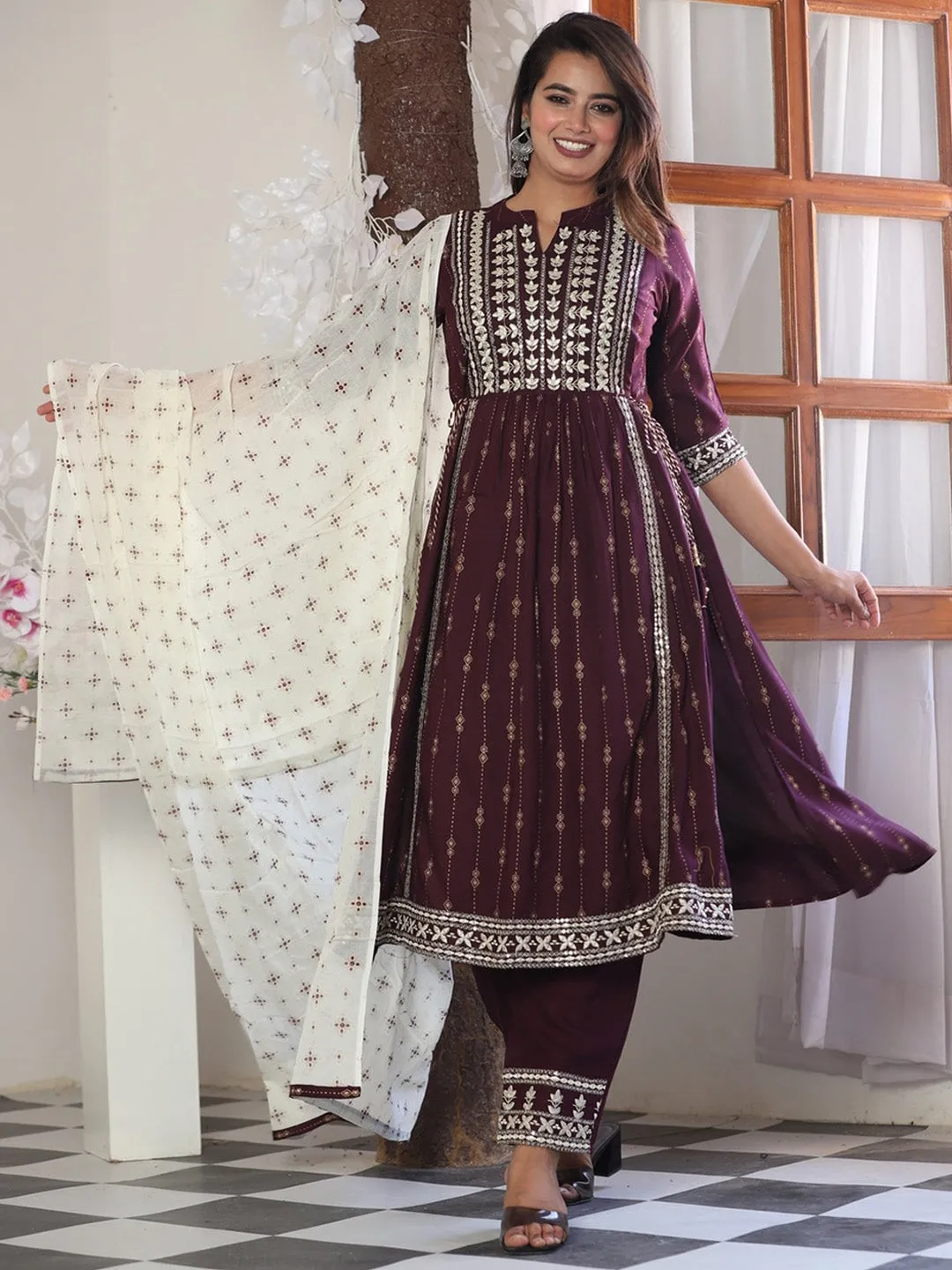 Ethnic Motifs Printed Kurta With Palazzos & Dupatta