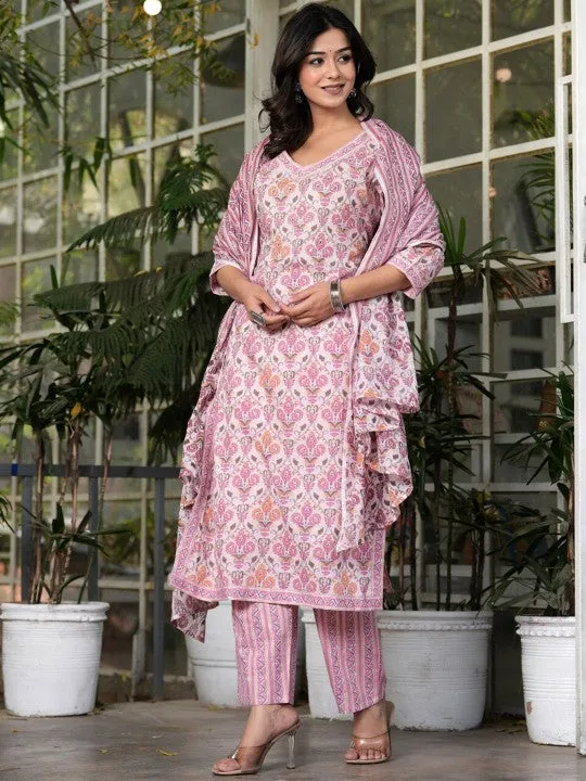 Ethnic Motifs Printed Pure Cotton Straight Kurta With Palazzos & With Dupatta