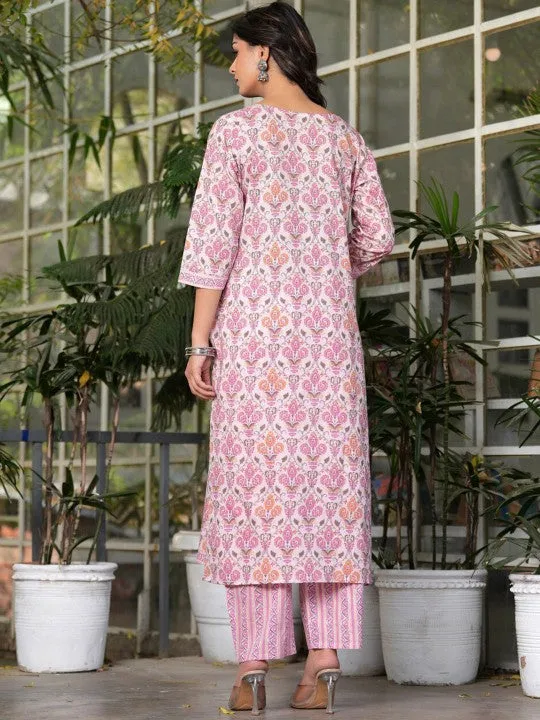 Ethnic Motifs Printed Pure Cotton Straight Kurta With Palazzos & With Dupatta