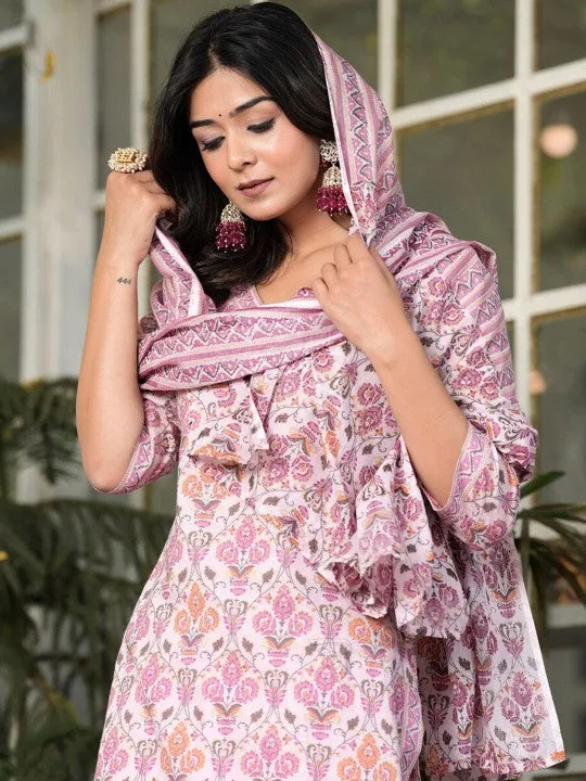 Ethnic Motifs Printed Pure Cotton Straight Kurta With Palazzos & With Dupatta