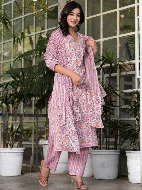 Ethnic Motifs Printed Pure Cotton Straight Kurta With Palazzos & With Dupatta