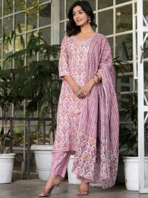 Ethnic Motifs Printed Pure Cotton Straight Kurta With Palazzos & With Dupatta