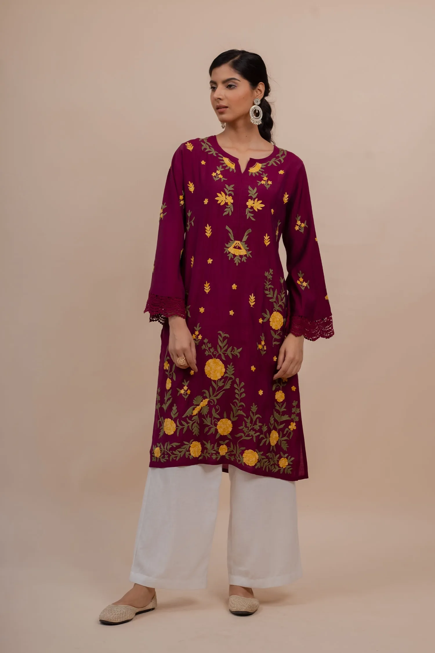 Falak Kashmiri Long Kurta In Burgundy Muslin With Aari