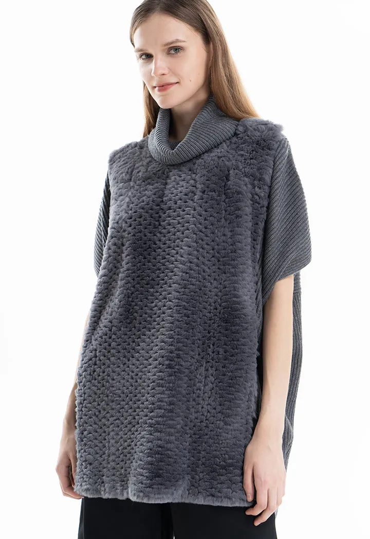 Faux Fur Hem Slip On Knitted Poncho