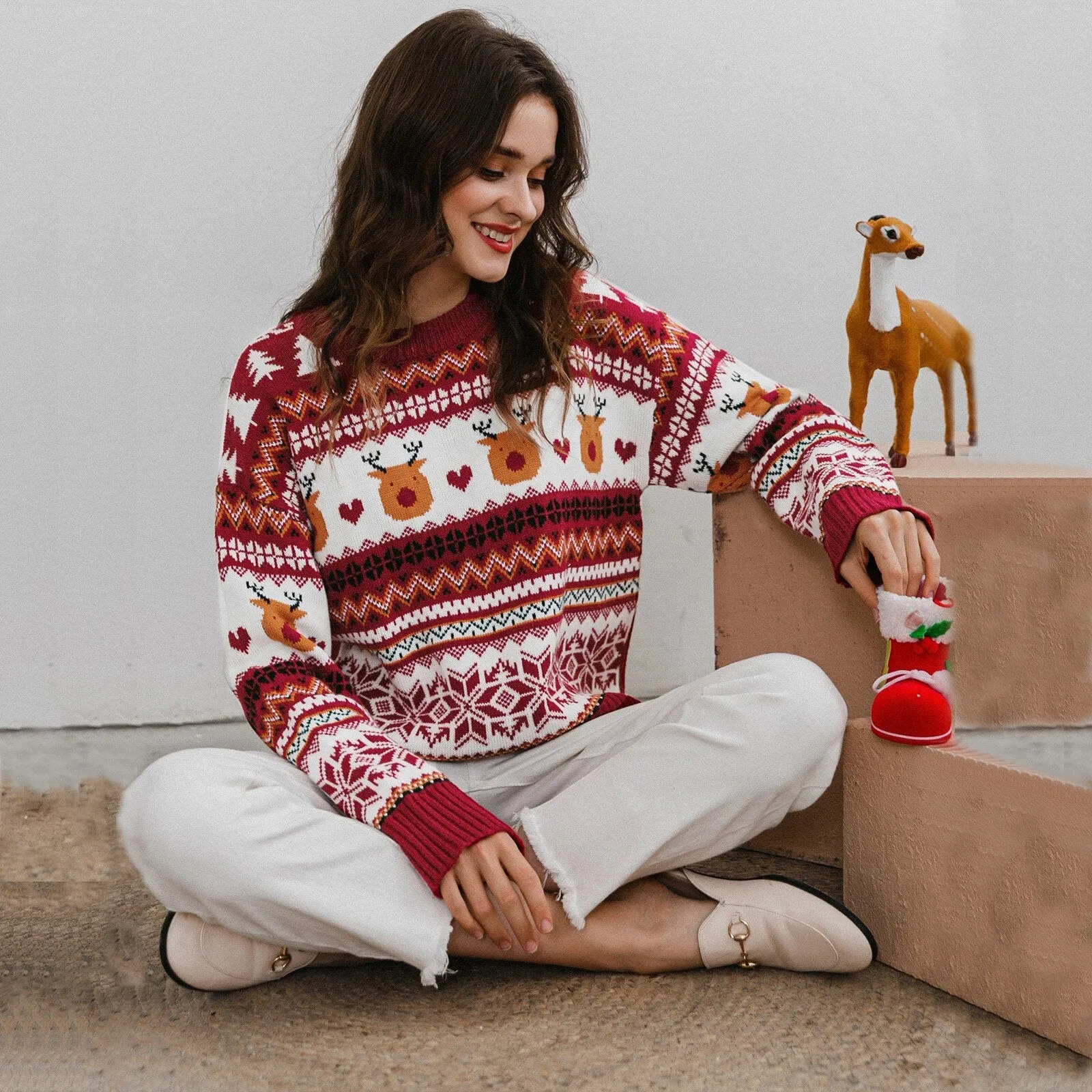 Fawn Love Pattern Color Block Stripe Sweater