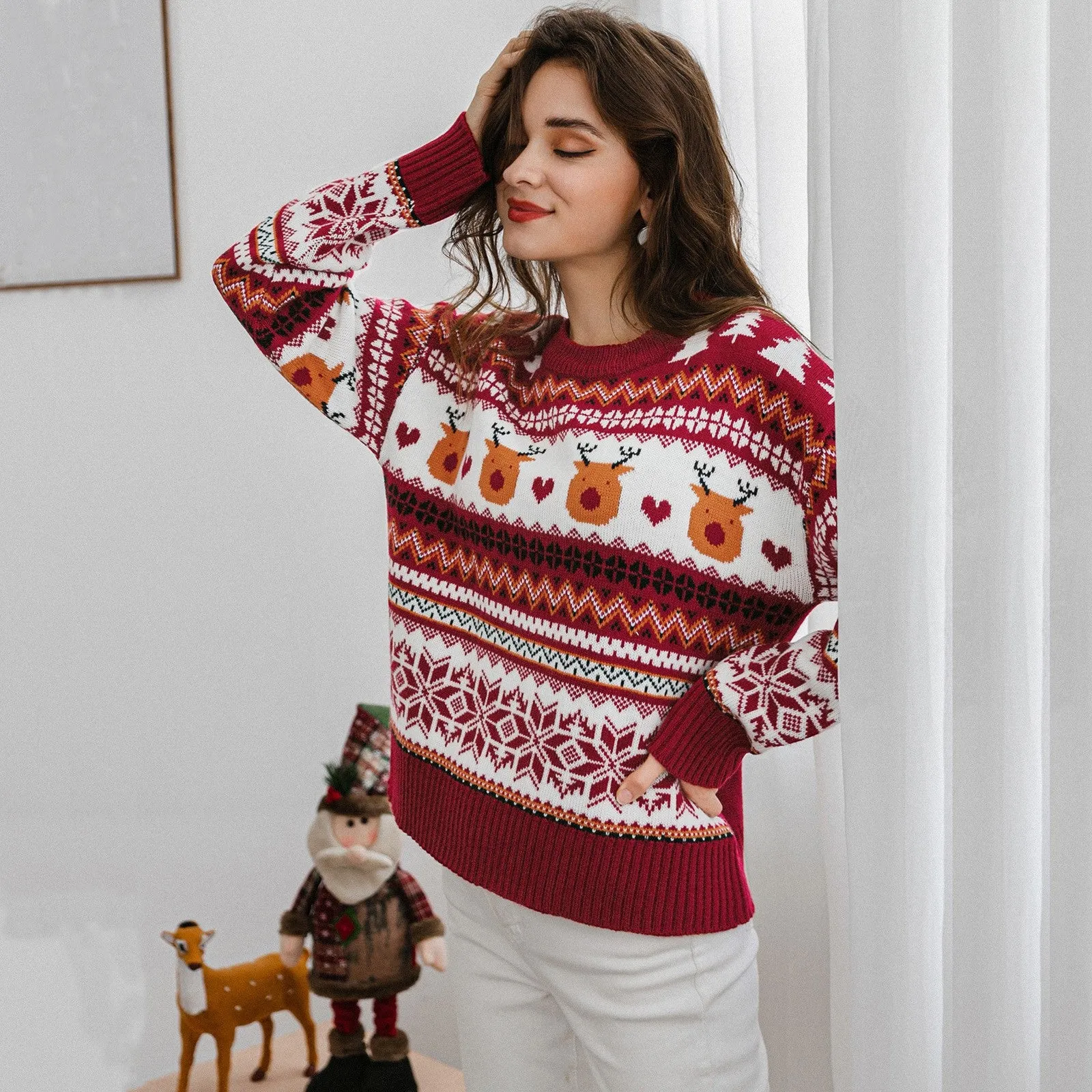 Fawn Love Pattern Color Block Stripe Sweater