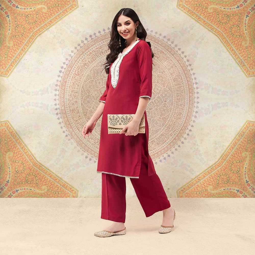 Festive Embroidered Neck-Patch Panelled Kurta With Laces