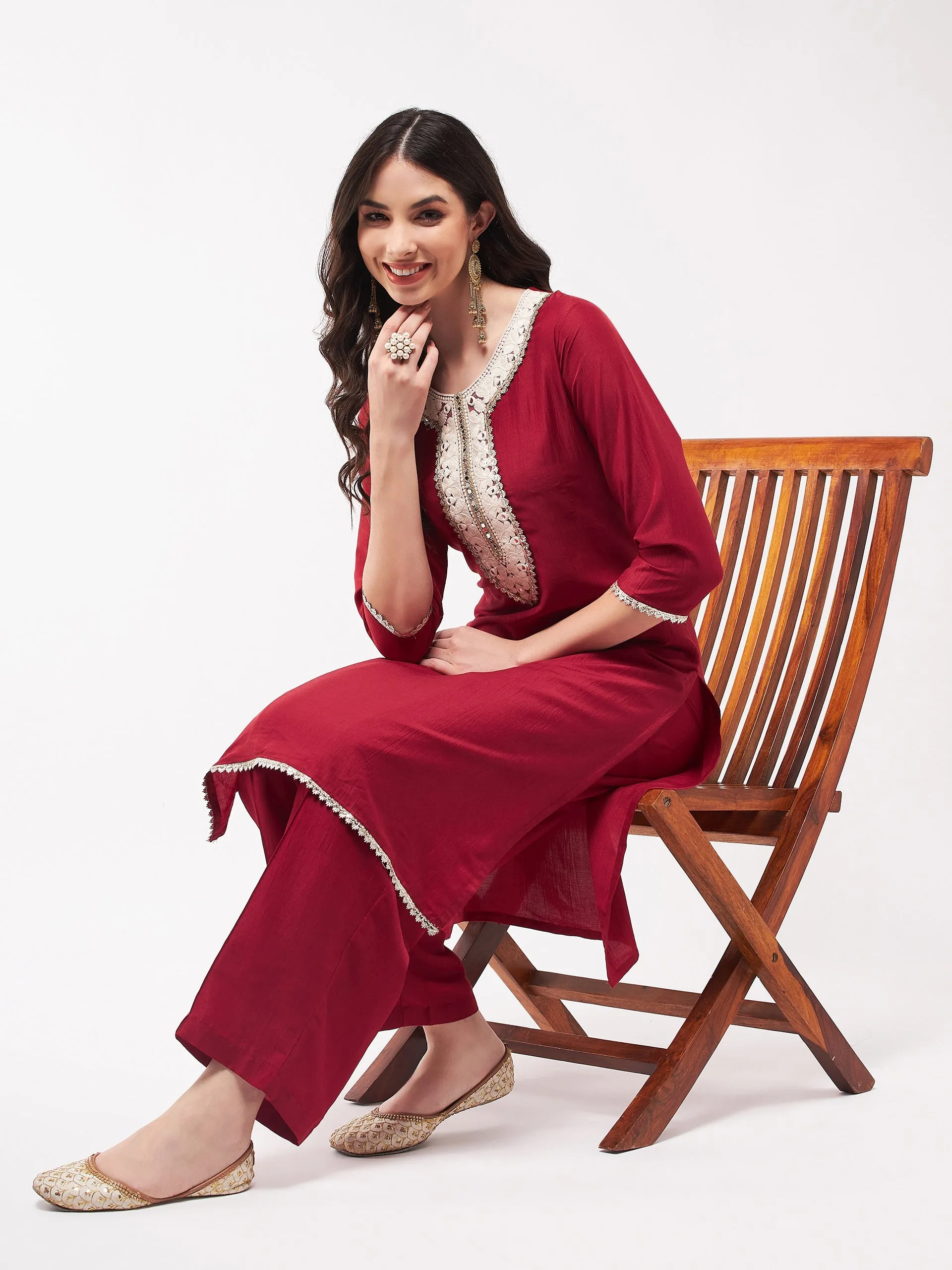 Festive Embroidered Neck-Patch Panelled Kurta With Laces