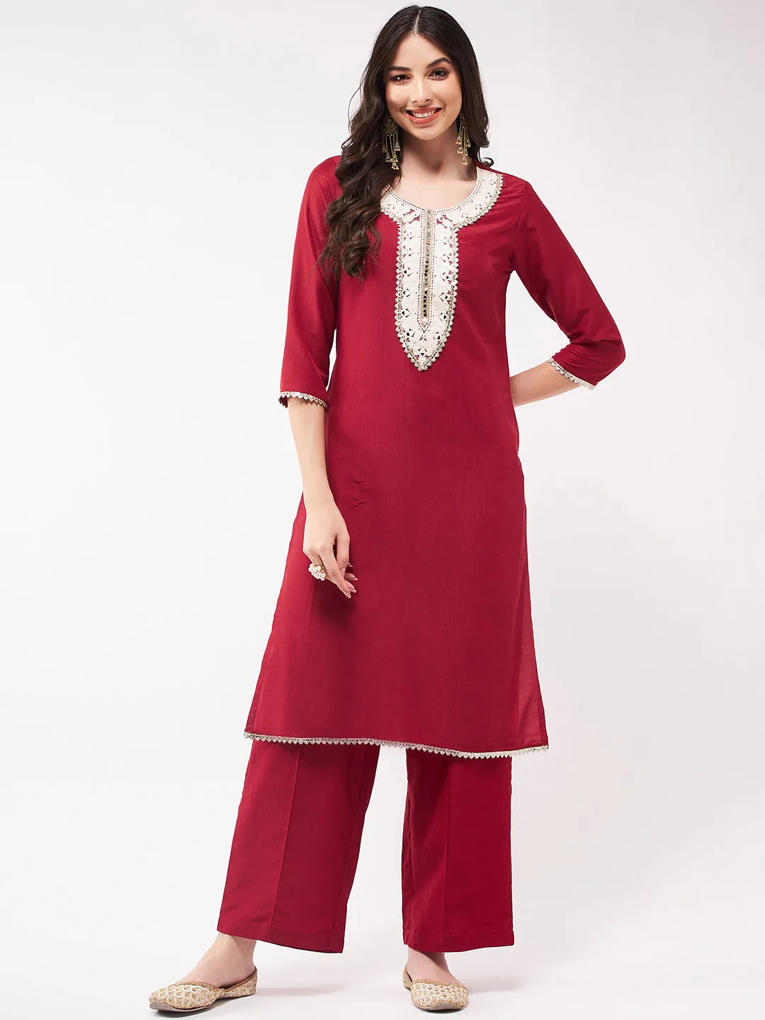 Festive Embroidered Neck-Patch Panelled Kurta With Laces