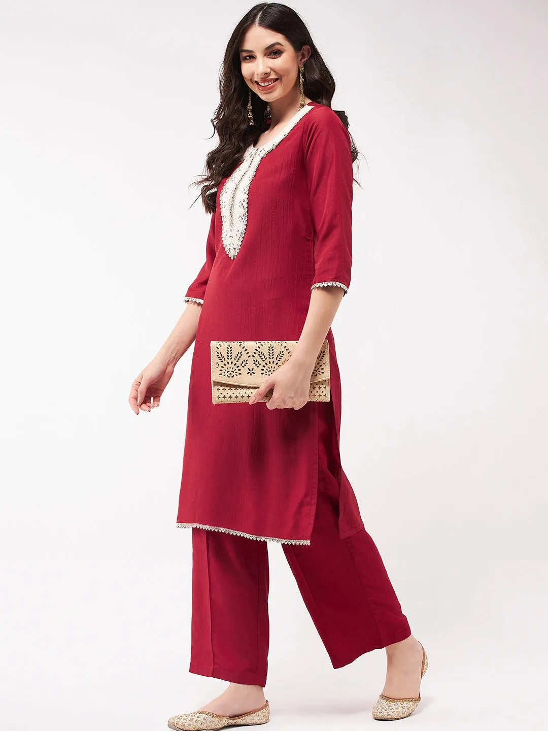 Festive Embroidered Neck-Patch Panelled Kurta With Laces