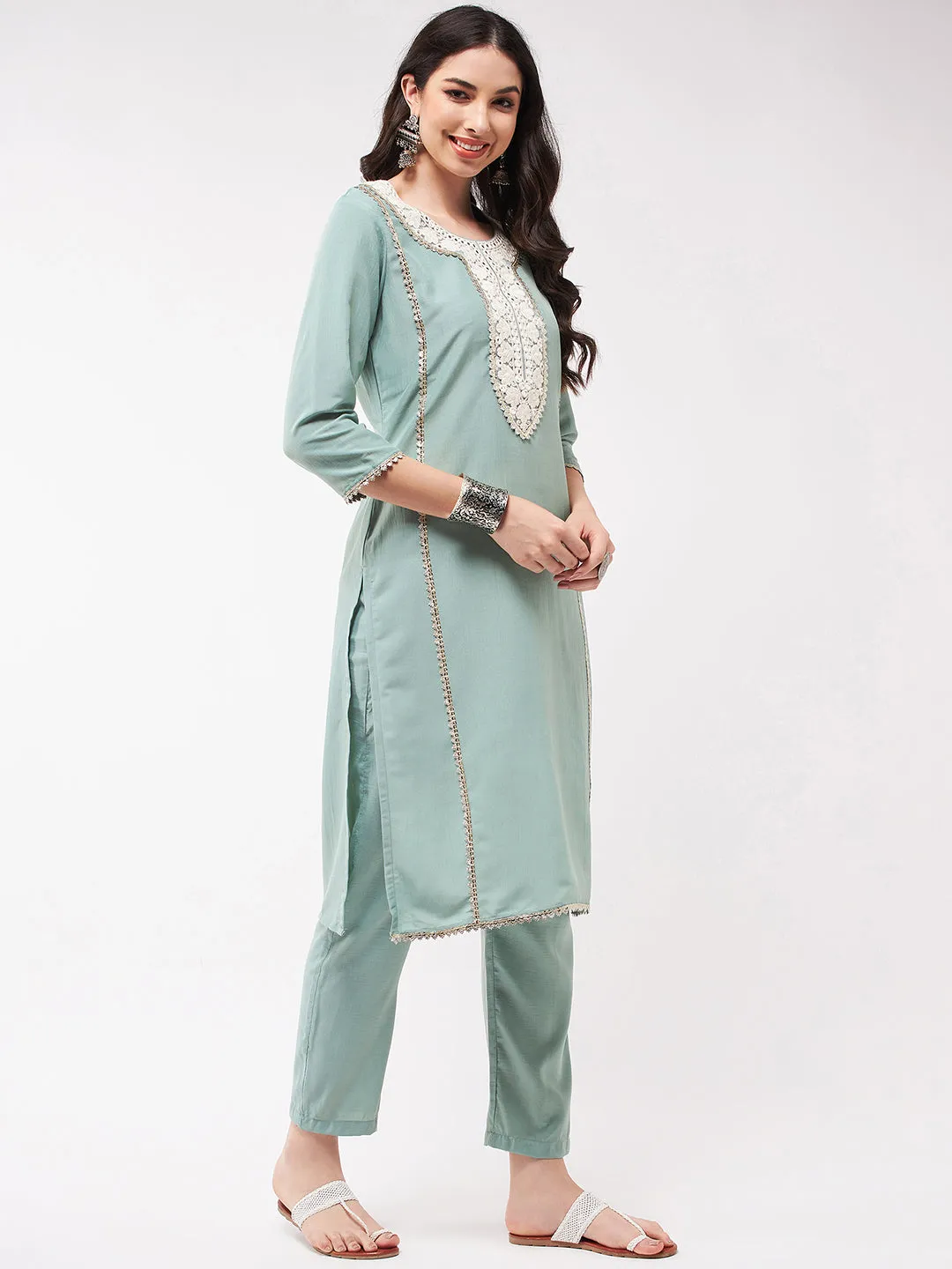 Festive Embroidered Neck-Patch Panelled Kurta With Laces