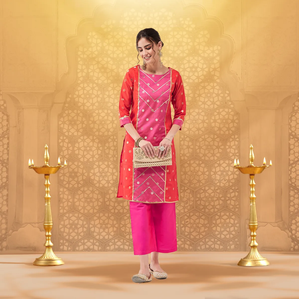 Festive Polka Bright Lace Detailed Straight Kurta