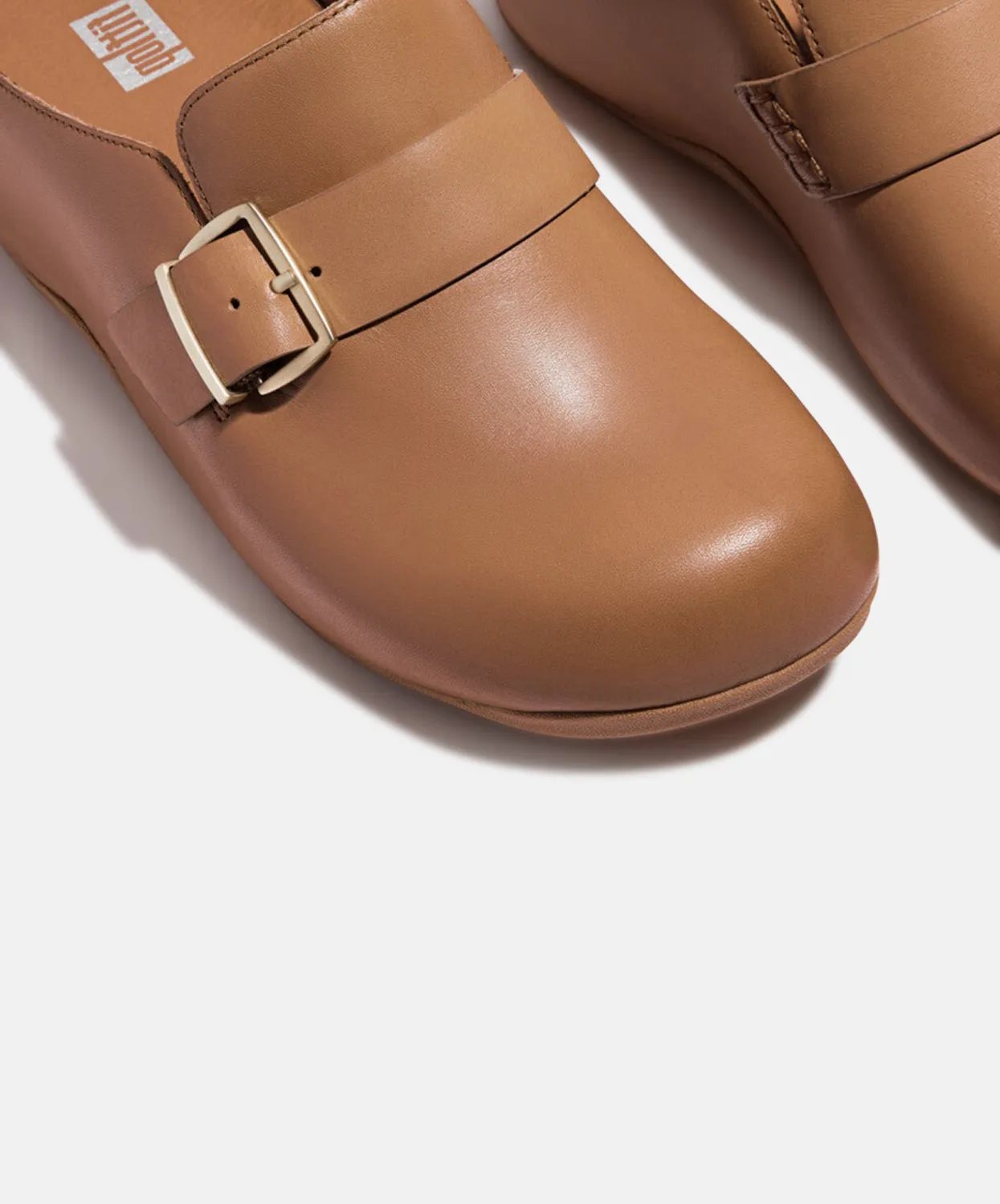 FitFlop Shuv Buckle Latte Tan Leather Clogs