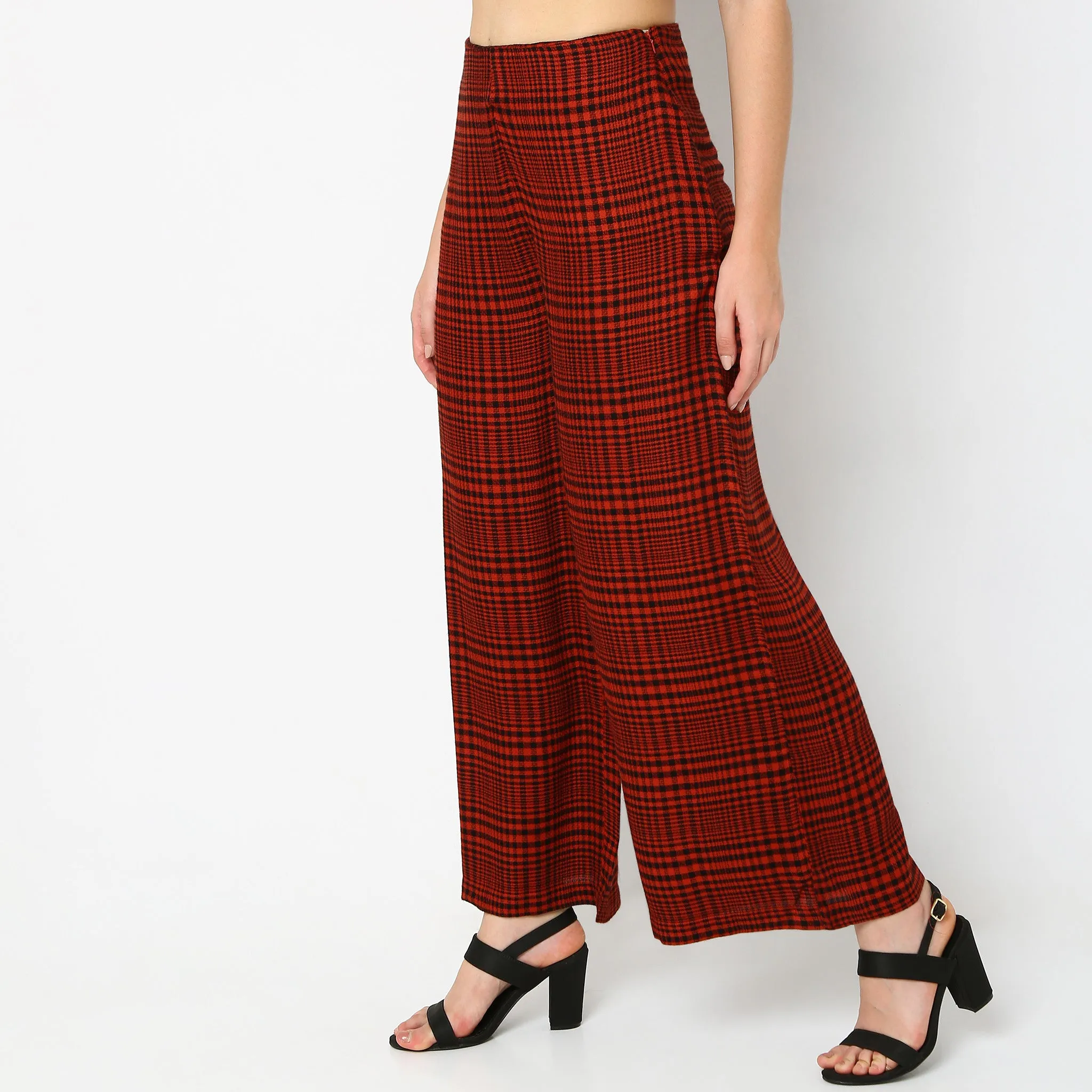 Flare Fit Checkered Mid Rise Palazzos