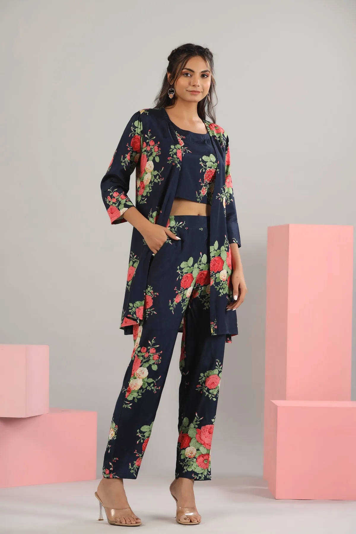 Floral Bouquet on Blue Russian Silk Three Piece set