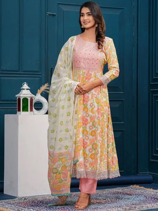 Floral Embroidered Regular Kurta With Palazzos & With Dupatta