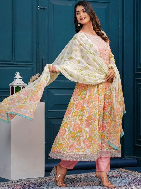 Floral Embroidered Regular Kurta With Palazzos & With Dupatta