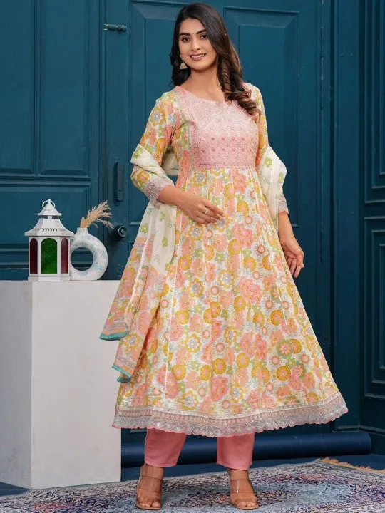 Floral Embroidered Regular Kurta With Palazzos & With Dupatta