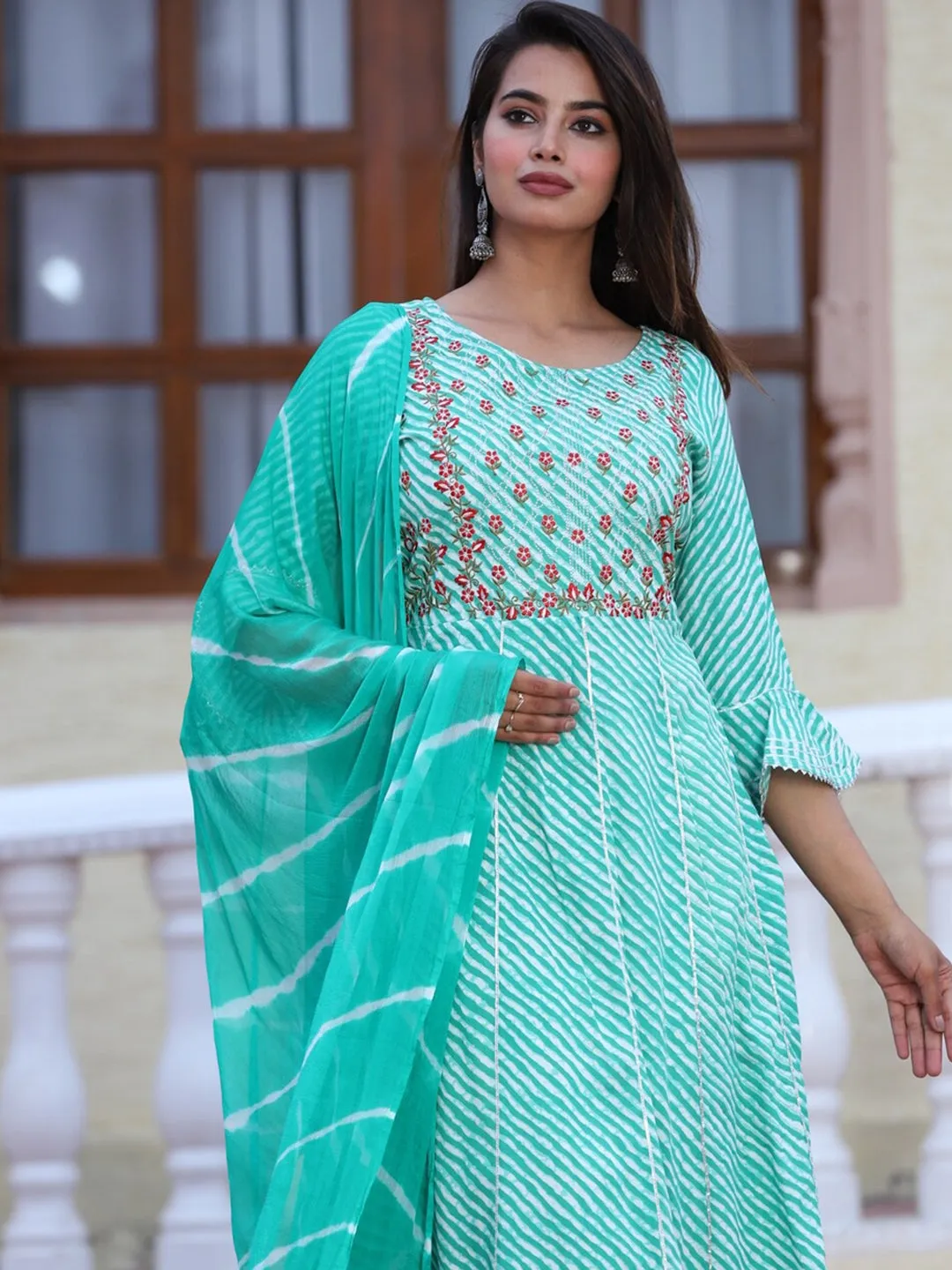 Floral Embroidered Thread Work Kurta With Palazzos & Dupatta