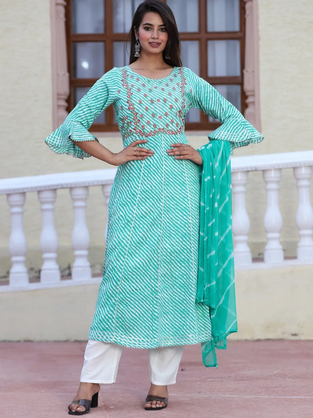 Floral Embroidered Thread Work Kurta With Palazzos & Dupatta