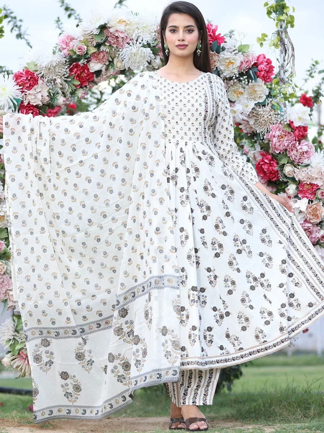 Floral Printed Anarkali Kurta With Palazzos & Dupatta