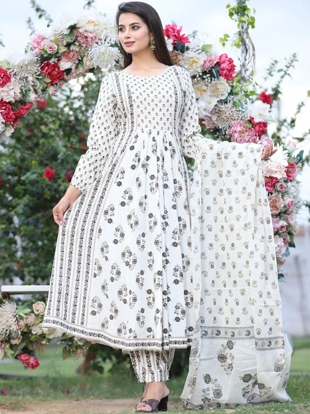 Floral Printed Anarkali Kurta With Palazzos & Dupatta