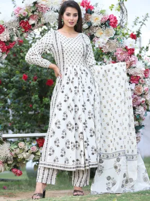 Floral Printed Anarkali Kurta With Palazzos & Dupatta