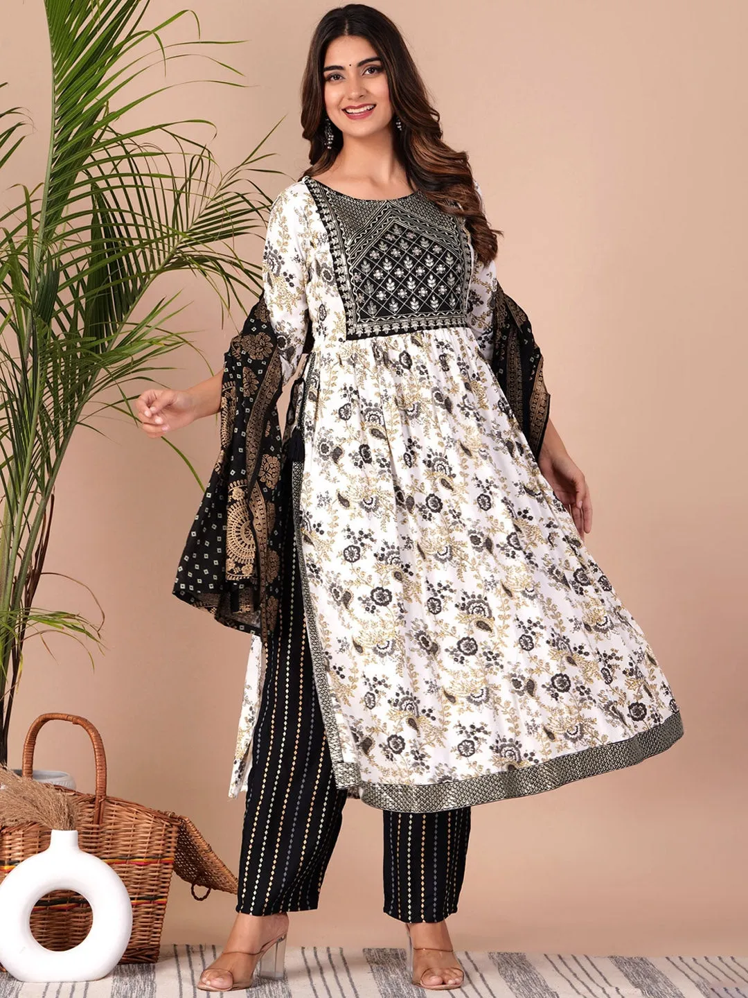 Floral Printed Empire Thread Work Kurta With Palazzos & Dupatta