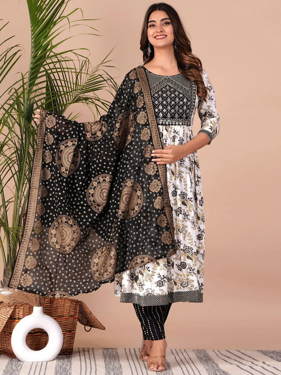 Floral Printed Empire Thread Work Kurta With Palazzos & Dupatta