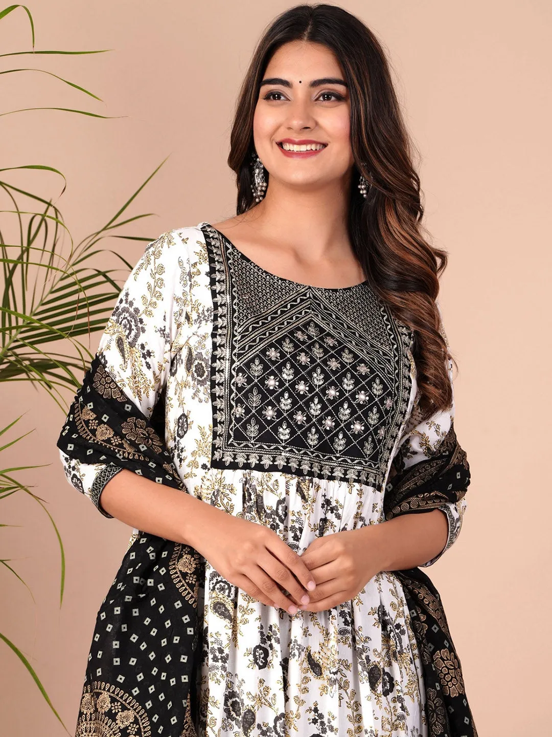 Floral Printed Empire Thread Work Kurta With Palazzos & Dupatta