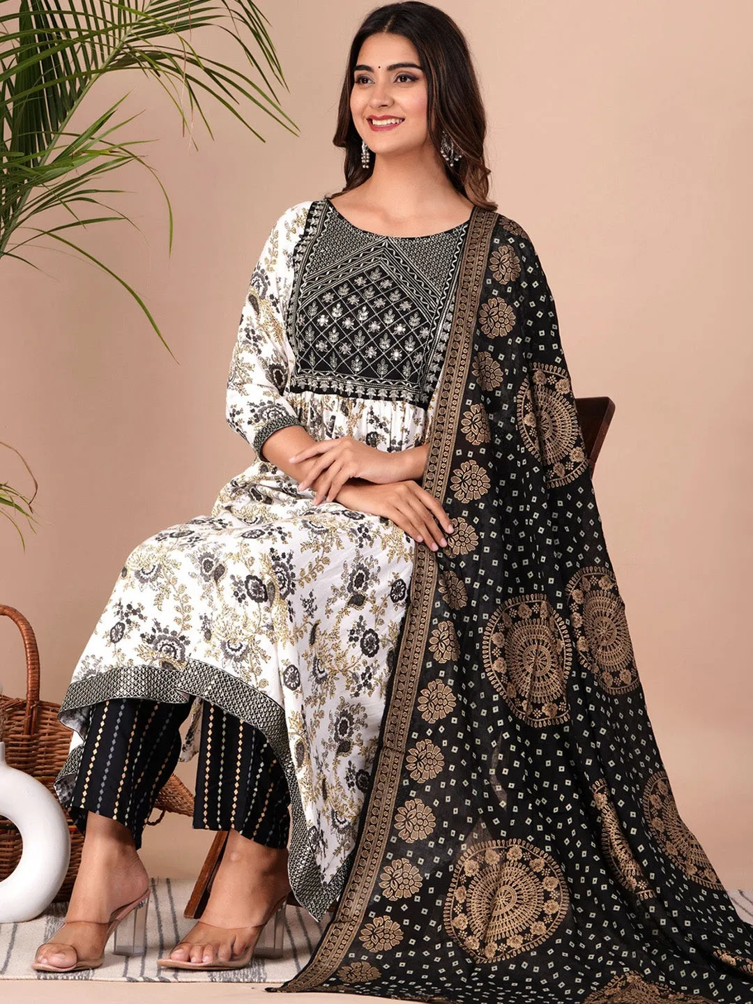 Floral Printed Empire Thread Work Kurta With Palazzos & Dupatta