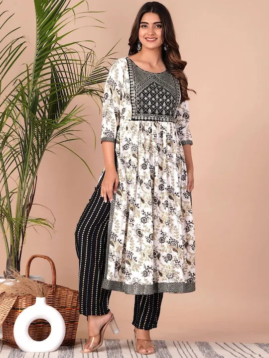 Floral Printed Empire Thread Work Kurta With Palazzos & Dupatta