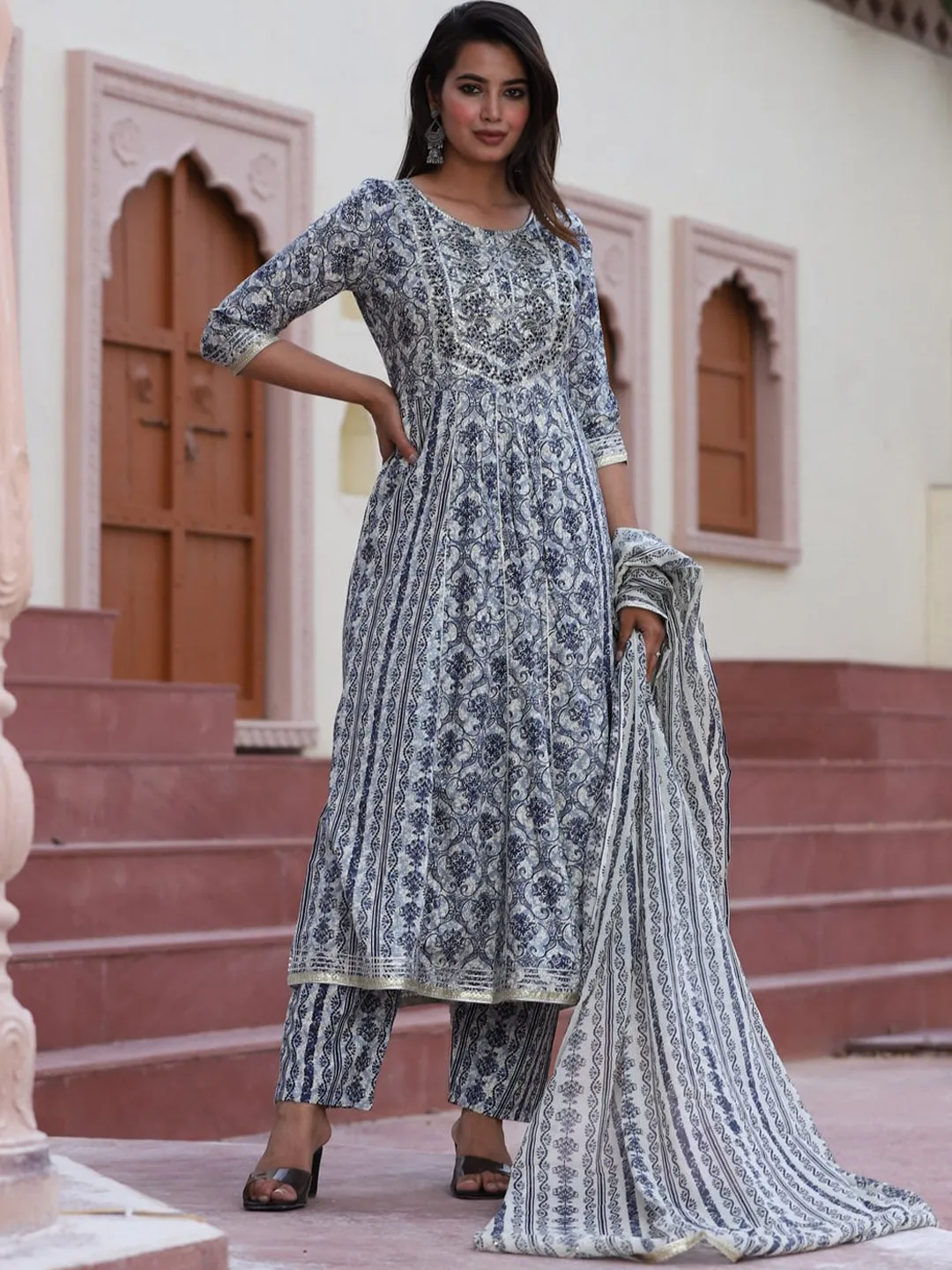 Floral Printed Flared Kurta With Palazzos & Dupatta