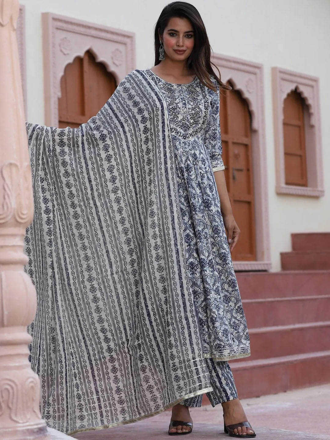 Floral Printed Flared Kurta With Palazzos & Dupatta