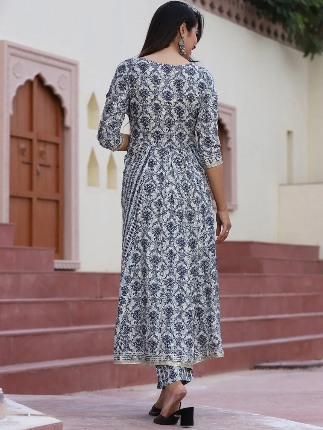 Floral Printed Flared Kurta With Palazzos & Dupatta