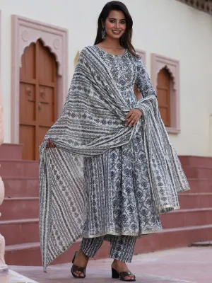 Floral Printed Flared Kurta With Palazzos & Dupatta