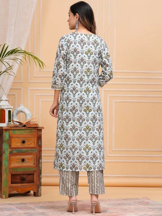 Floral Printed Regular Pure Cotton Straight Kurta With Palazzos & With Dupatta