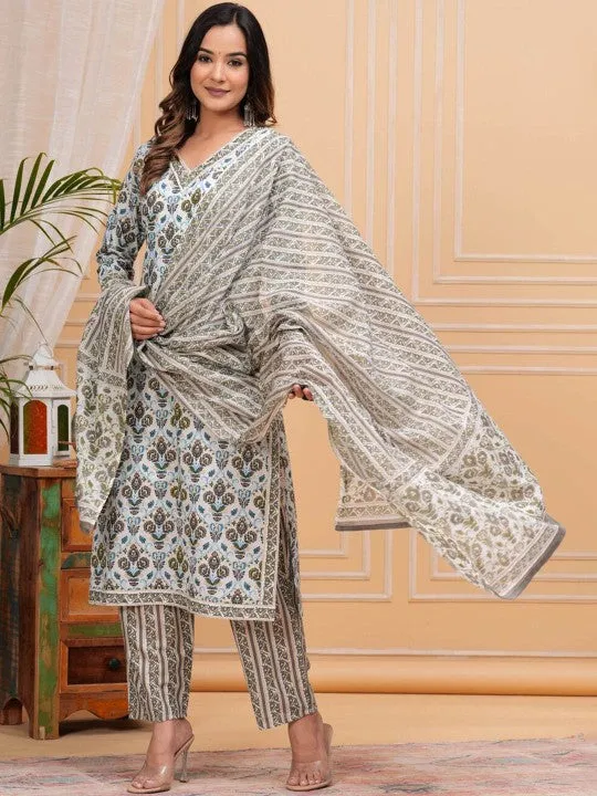 Floral Printed Regular Pure Cotton Straight Kurta With Palazzos & With Dupatta