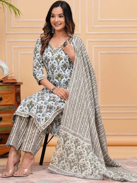 Floral Printed Regular Pure Cotton Straight Kurta With Palazzos & With Dupatta