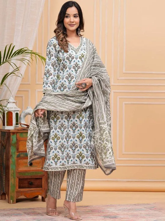 Floral Printed Regular Pure Cotton Straight Kurta With Palazzos & With Dupatta