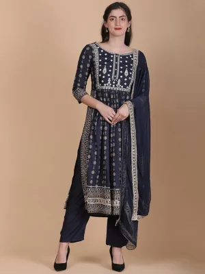 Floral Printed Thread Work Kurta With Trousers & Dupatta