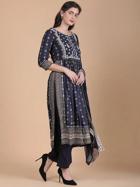 Floral Printed Thread Work Kurta With Trousers & Dupatta