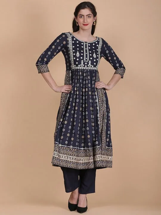 Floral Printed Thread Work Kurta With Trousers & Dupatta