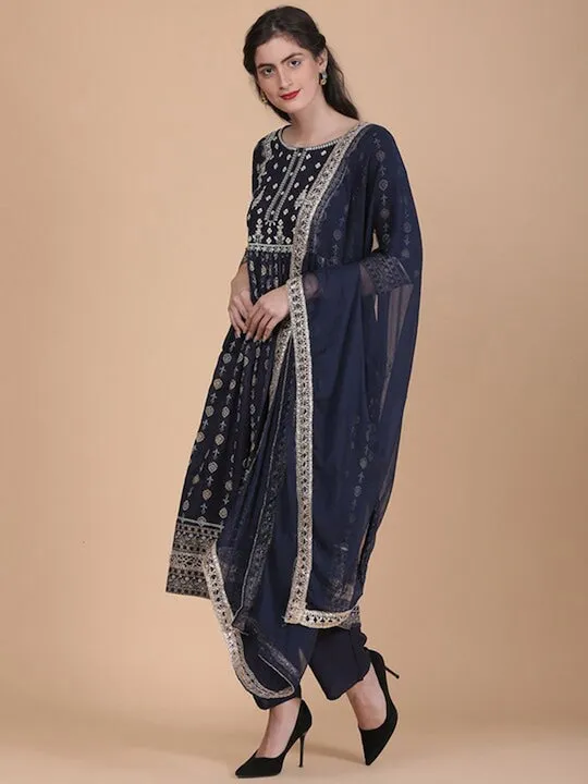 Floral Printed Thread Work Kurta With Trousers & Dupatta