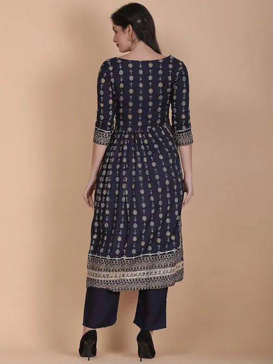 Floral Printed Thread Work Kurta With Trousers & Dupatta