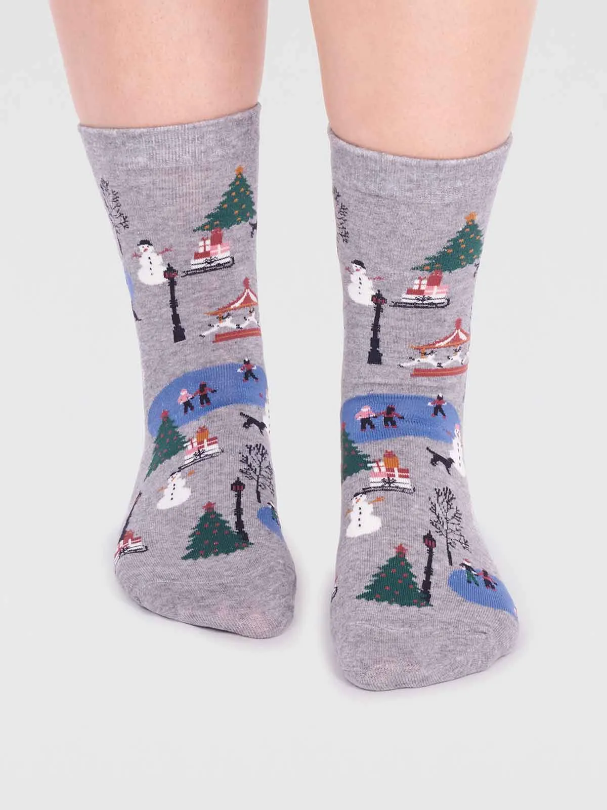 Gloria Organic Cotton Christmas Scene Sock - Grey Marle